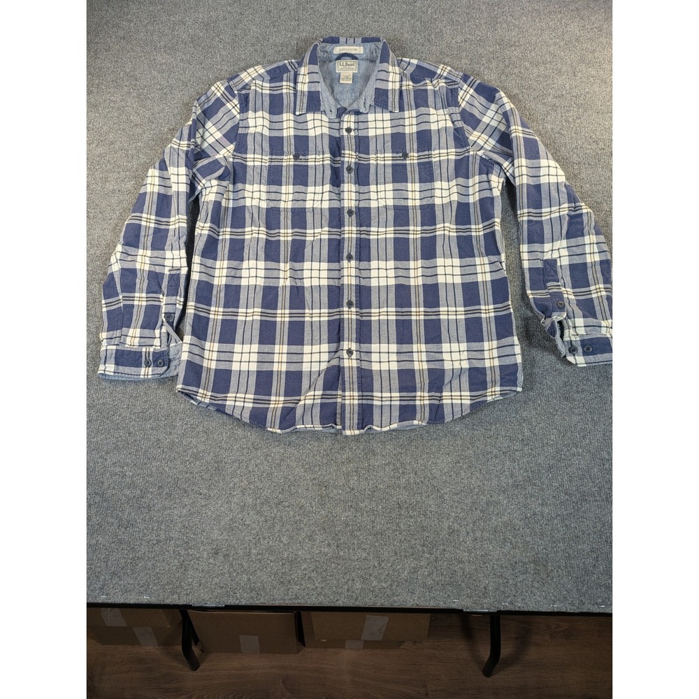 LL Bean Mens Blue White Plaid Button Down‎ Shirt Slightly Fitted L 500229 #2346